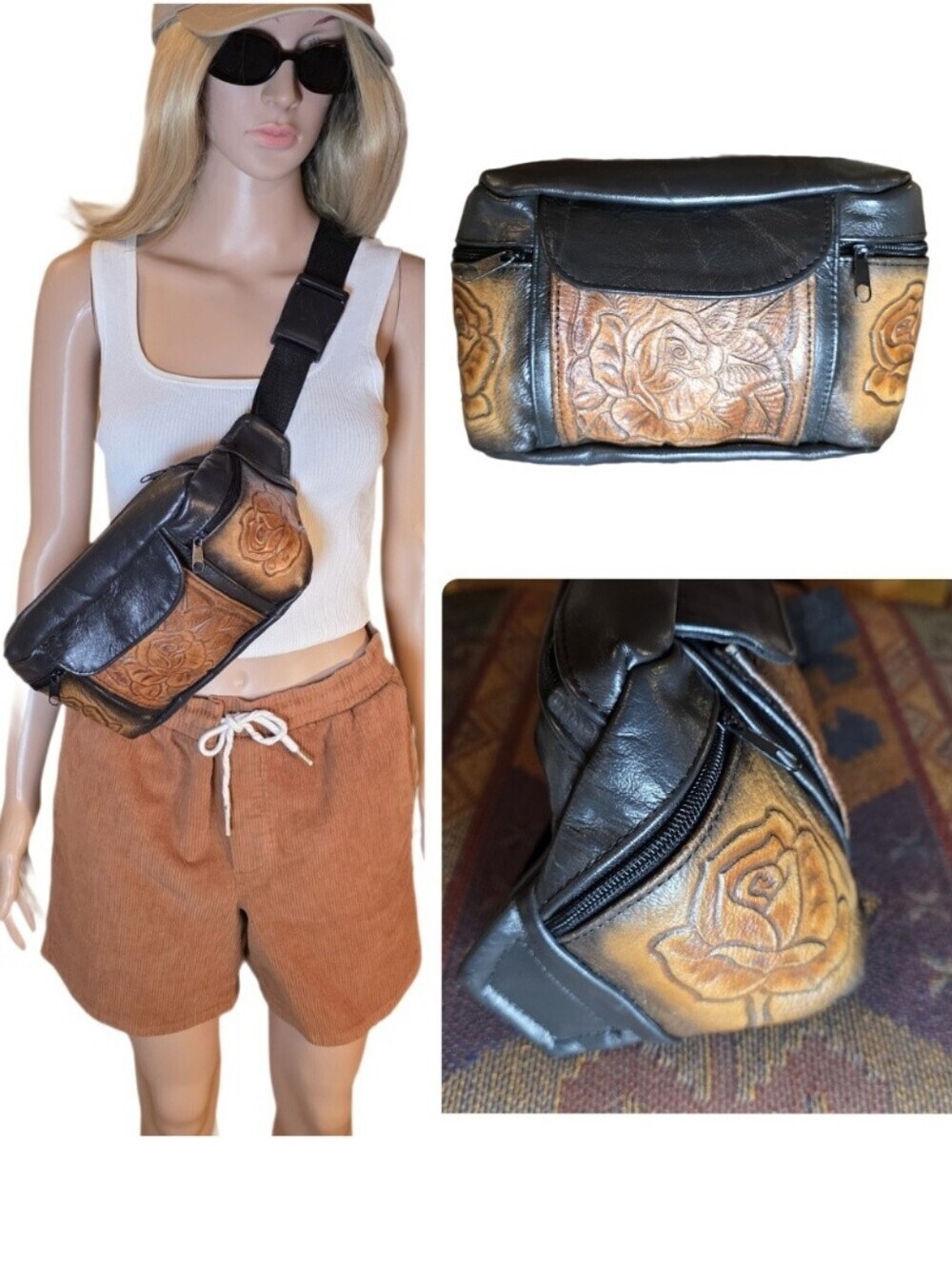 Vintage 1990s Hand-Tooled Leather Rose Waist Bag / Fanny Pack EUC